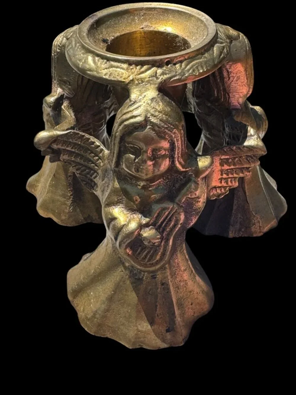 Vintage Brass Angel Trio Candle Holder 4 Inches Tall Ornate Design Rustic Cherub